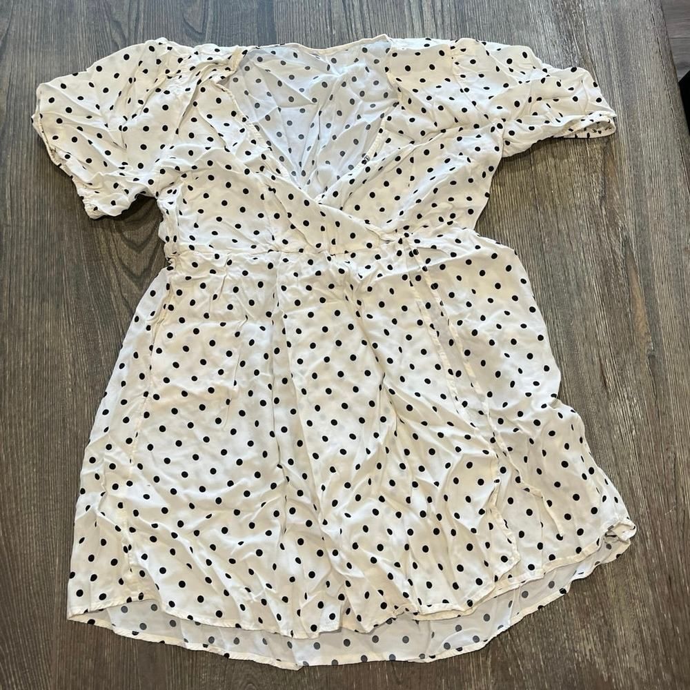 Goodfellow Polka Dot Mini Dress V-Neck Short Sleeve Side Pockets White Black L